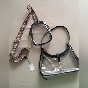 Clear Crossbody Bag with Black Trim and Patterned Strap